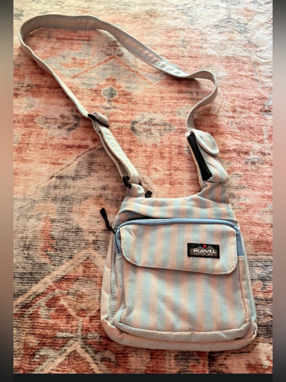 Vintage KAVU Crossbody Bag Blue Tan Checkered Stripe Travel Everyday Purse